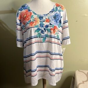 Alfred Dunner Sun City Floral Striped Women's Top T-shirt
